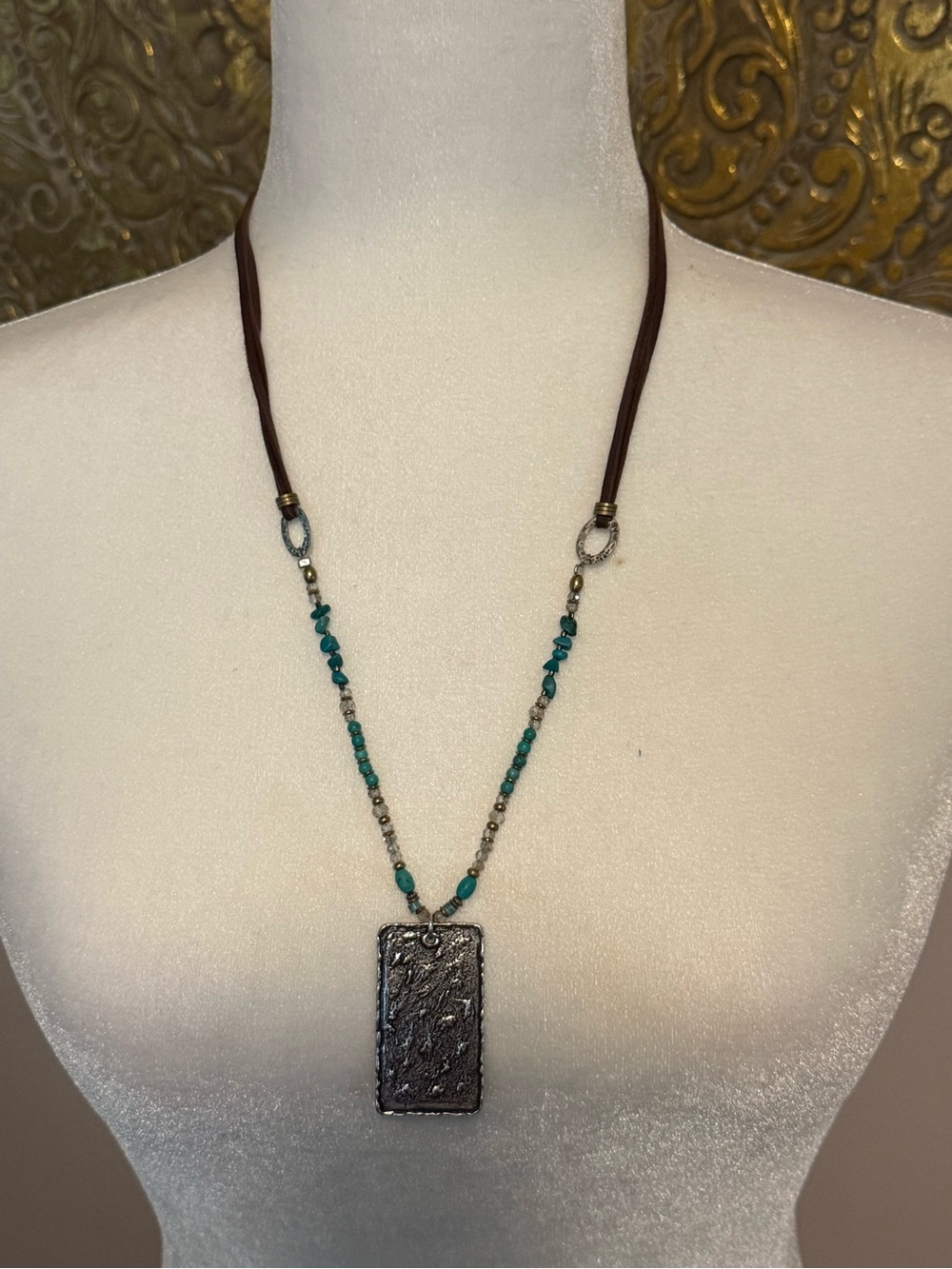 Silpada Turquoise Bead Necklace with Textured Silver Rectangular silver pendant